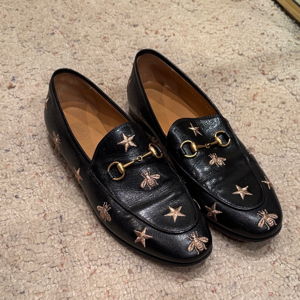 Gucci Leather Loafers with Gold Embroidery